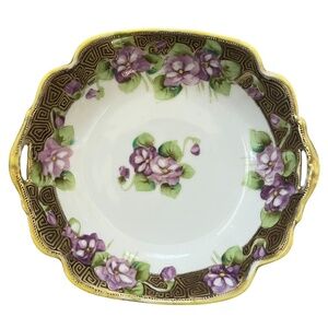 Nippon Handpainted Purple Floral Gold Trim Scalloped Handled Porcelain Dish 7.5"
